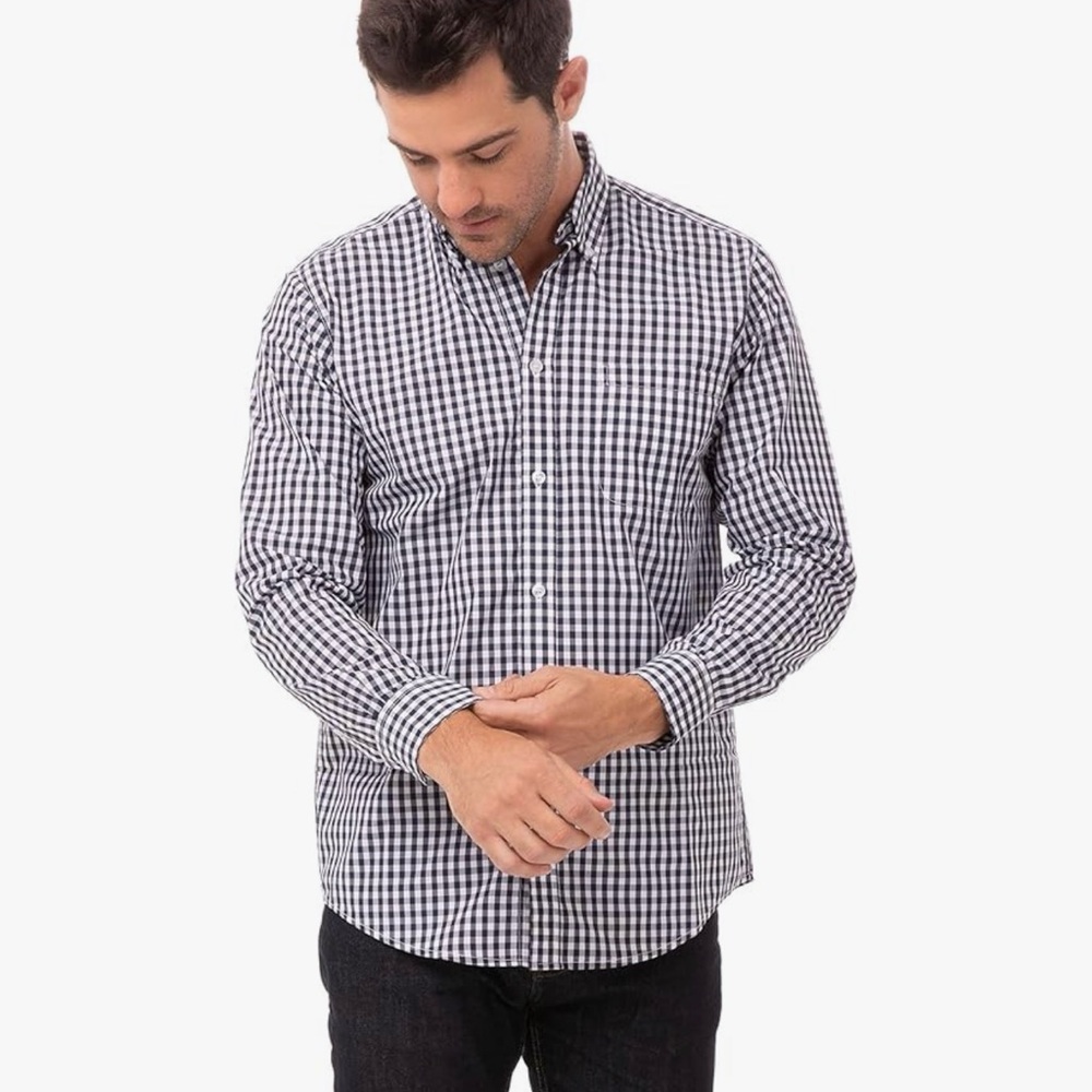 Men's Black and White Gingham Button-Down Shirt